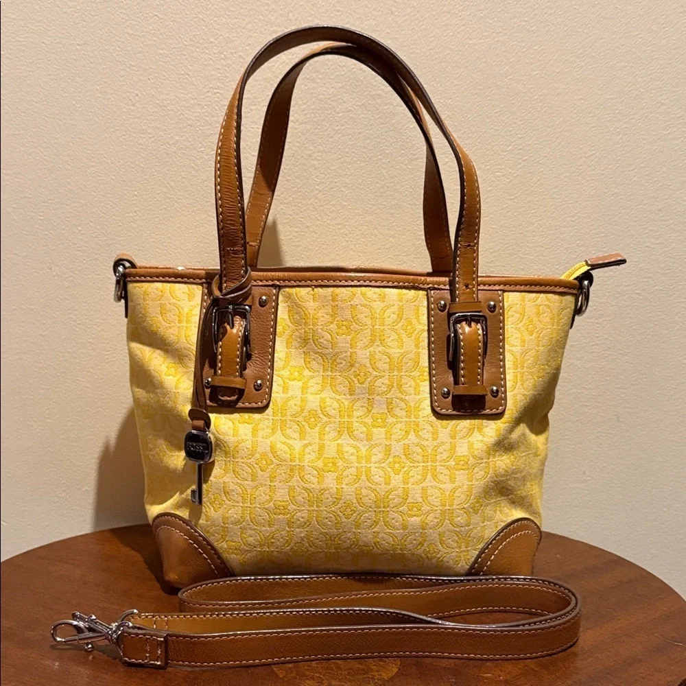 Fossil satchel Crossbody bag fabric yellow print brown leather trim 3 compart